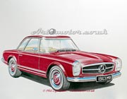 Painting of a Mercedes Benz SL Pagoda in burgundy