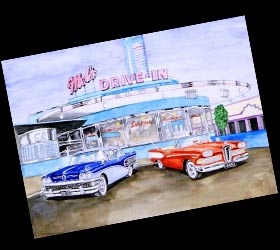 Watercolour painting. Drive-in cafe